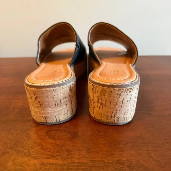 Black Leather Upper and Cork Platform Slip-On Sandals - Picture 4 of 6
